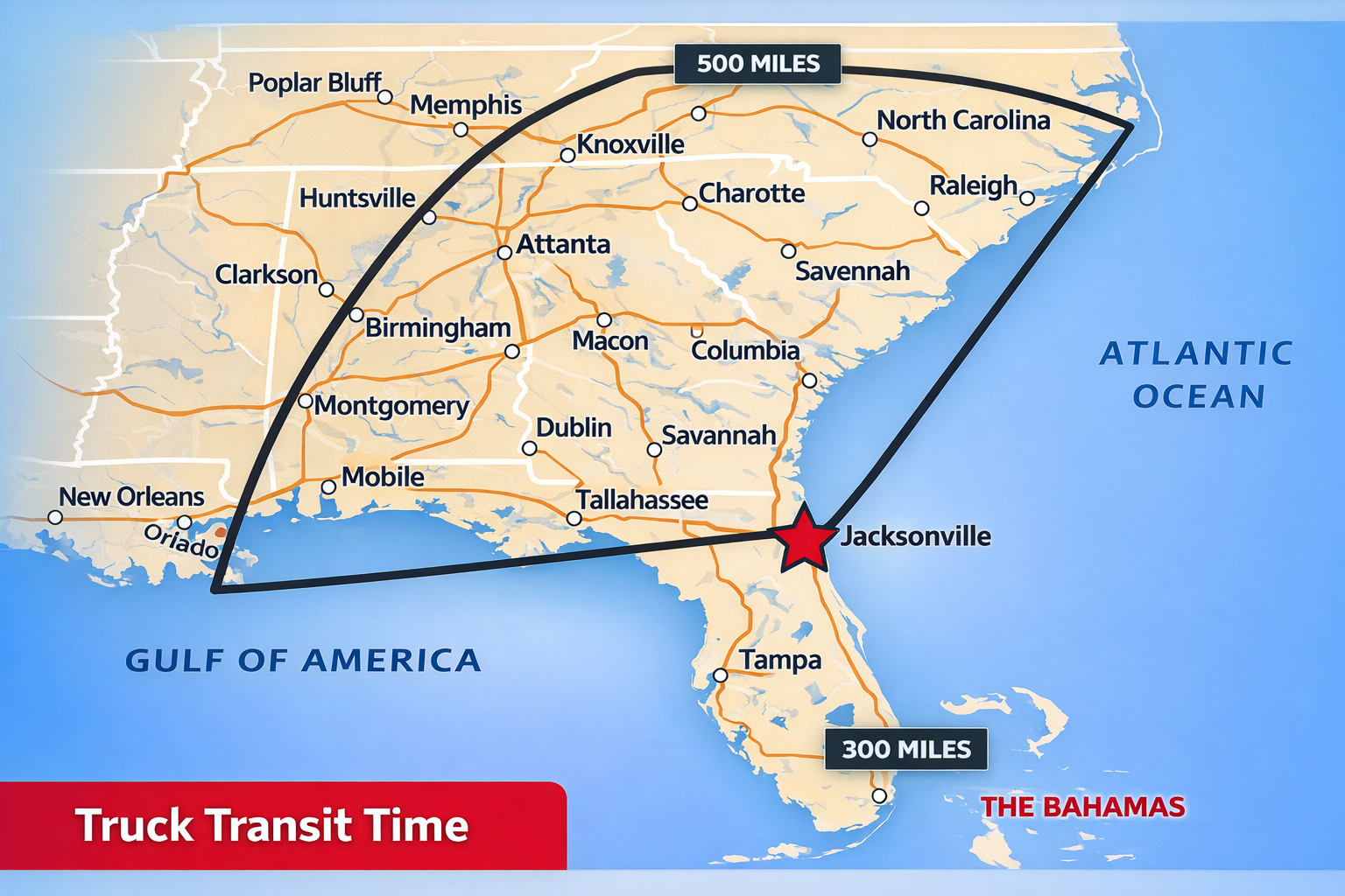 Truck transit map of the southeast